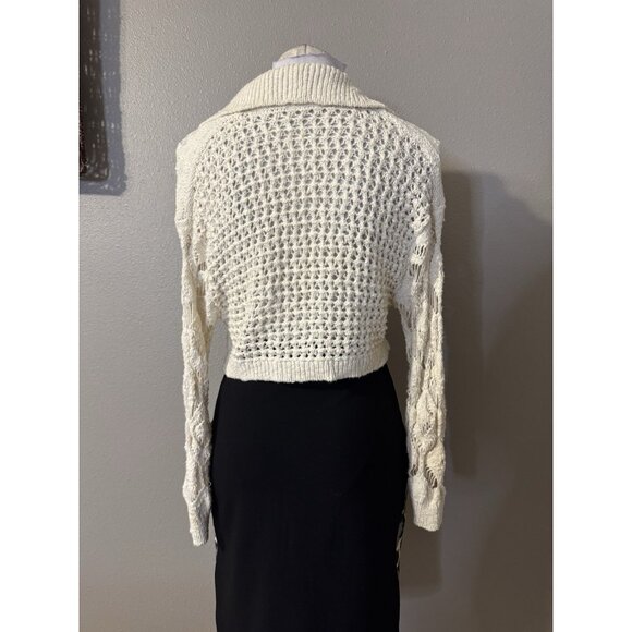 Free People Sedona Cardigan Sweater S Cream Crochet Collared Cropped Open Knit - Picture 4 of 16